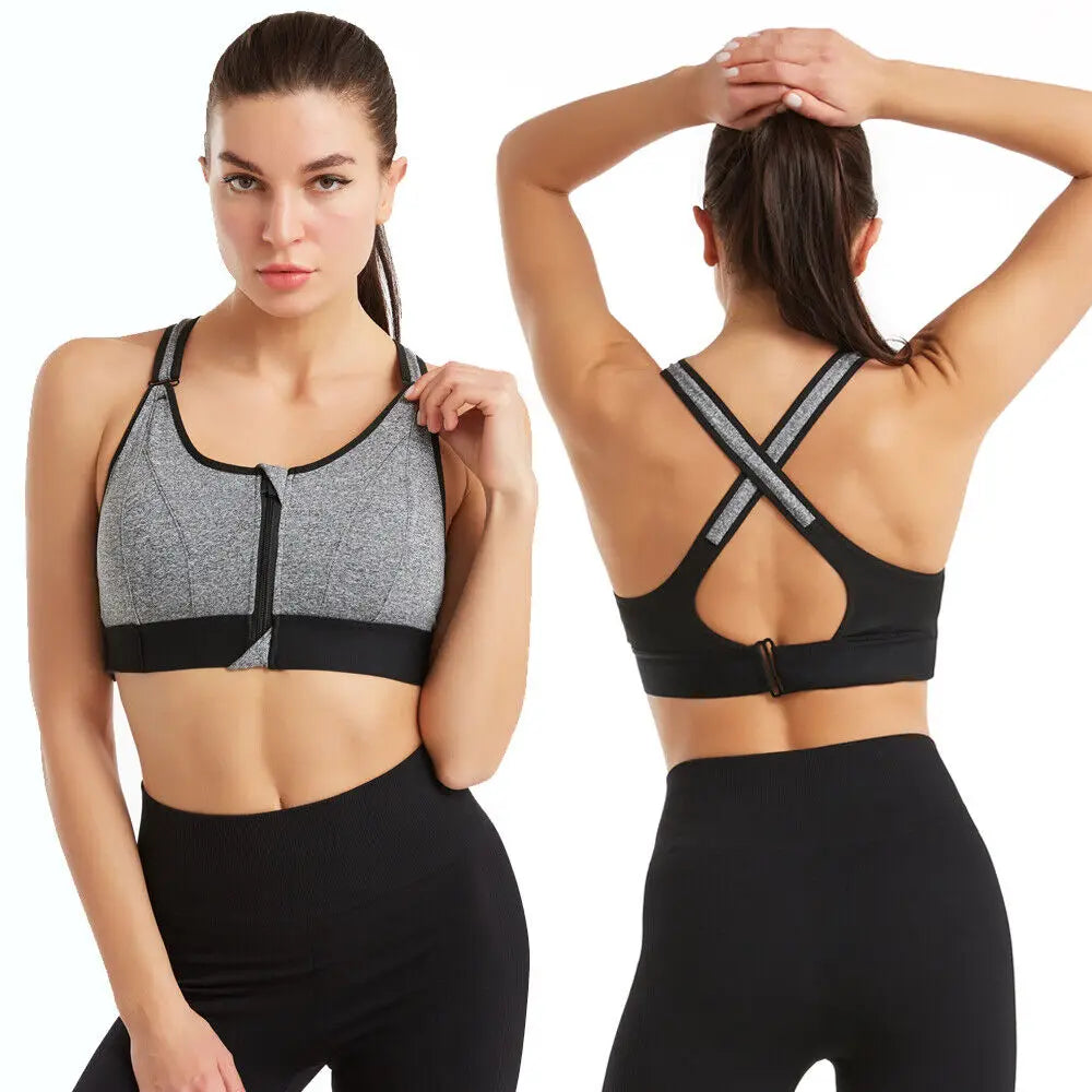 Sutiã esportivo com zíper frontal, roupa íntima feminina para corrida, fitness, sem costura, à prova de choque, respirável, sem armação